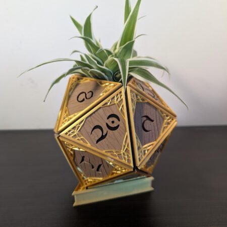 Elven D20 Planter with Black Core, Brown Number Plates & Gold Trim – Dice Pot with Drip Holes and Decorative Gold Base
