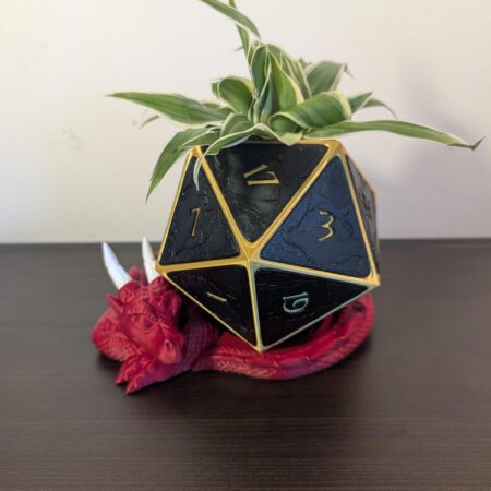 Epic Dragon D20 Planter with Gold Core, Black Number Plates & Sleeping Dragon Drip Tray – Unique Dice Planter for Gamers and Fantasy Fans