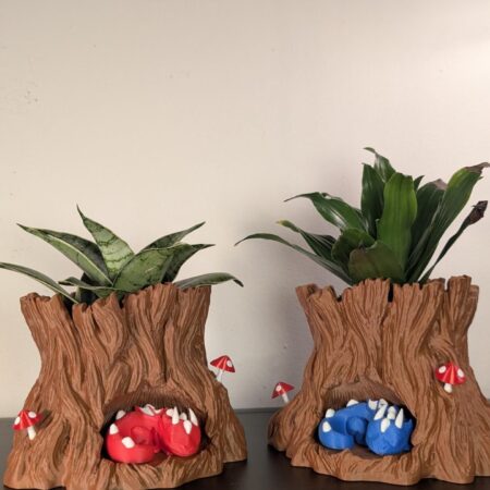 Enchanted Tree Stump Planter with Sleeping Dragon and Red Mushrooms | Whimsical Fantasy Forest Pot for Plants and Fairy Garden Décor