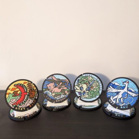 Pokémon Manhole Cover Coaster Set 4 – Mew, Celebi, Ho-Oh & Lugia | Japanese Poké Lids Inspired Home Decor | Unique Anime Coaster Set
